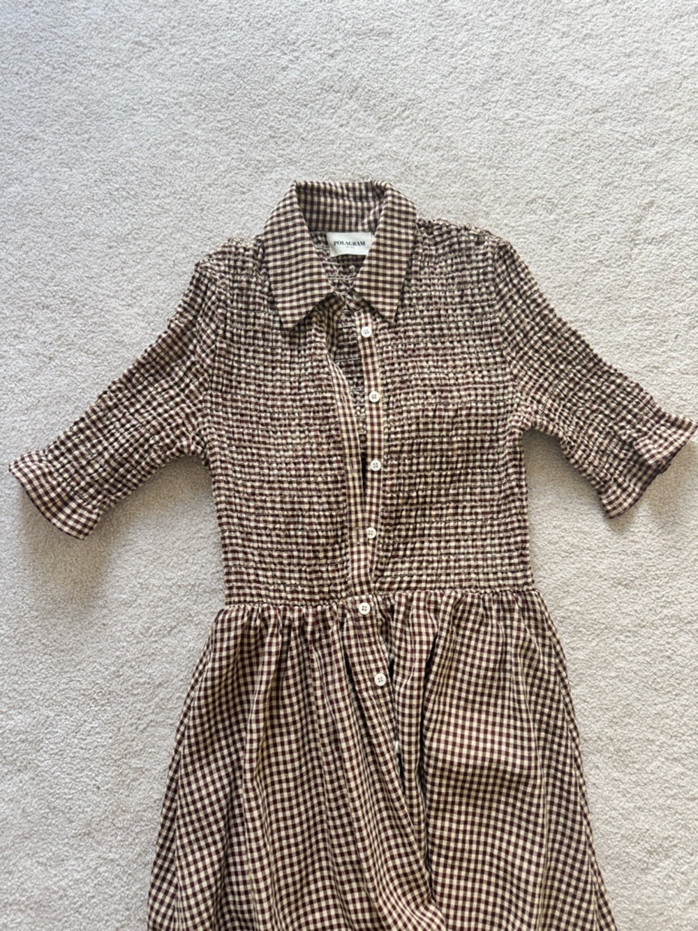 PinkBlush Mocha Gingham Smocked Button Down Maternity Midi Dress in Size S - Picture 6 of 10
